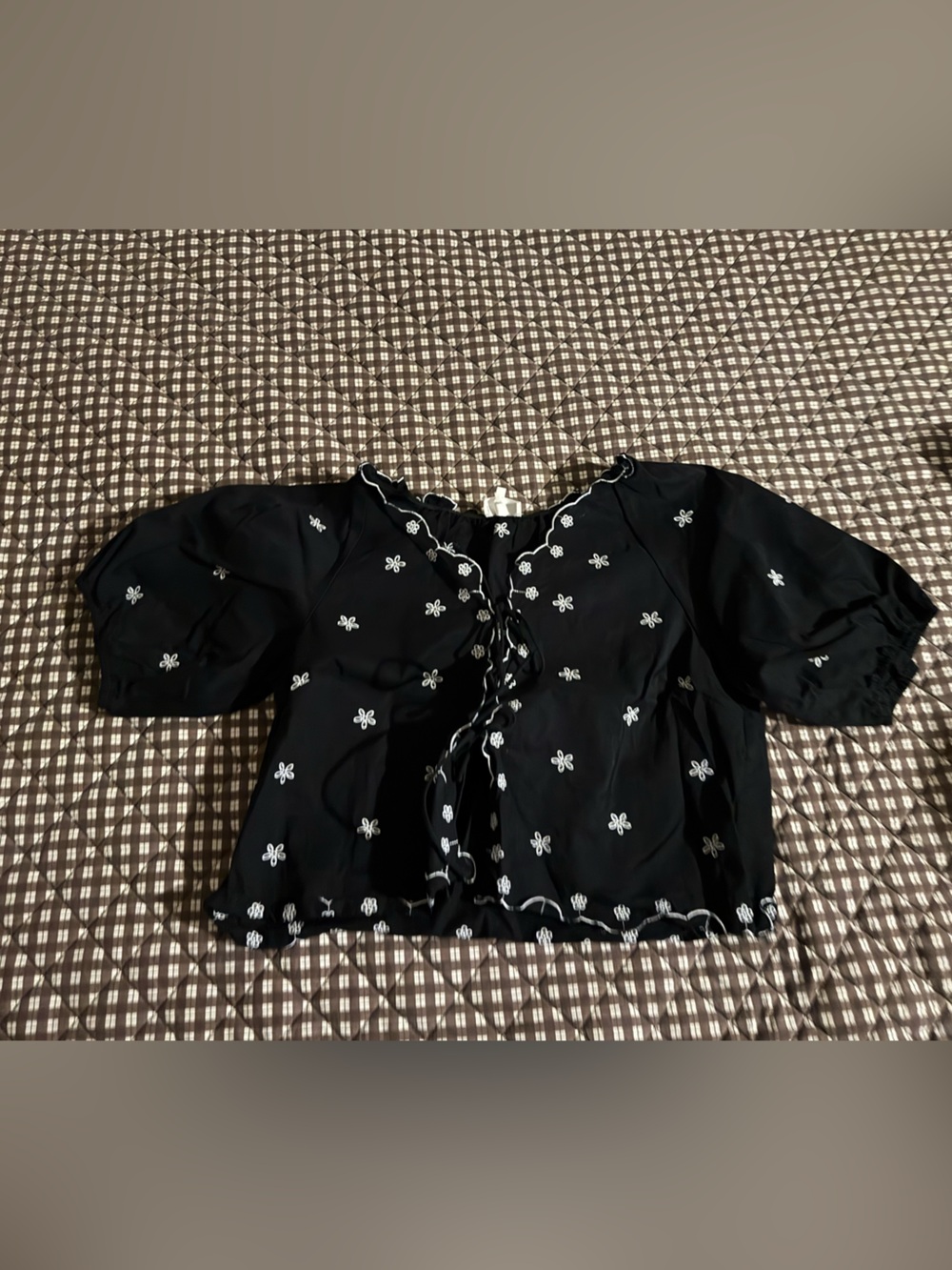 bohme Black Embroidered Puff-Sleeve Tie-Front Blouse